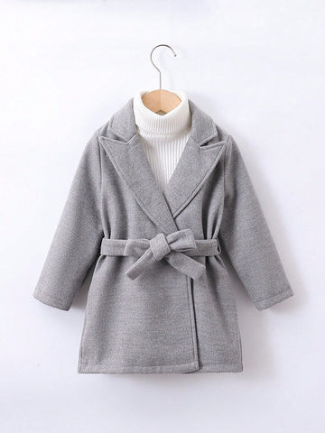 Young Boy 1pc Lapel Neck Self Belted Overcoat