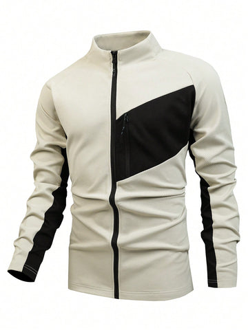 Men Colorblock Zip Up Sports Jacket Workout Tops