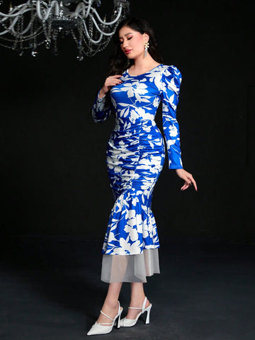 Floral Print Gigot Sleeve Mermaid Hem Dress