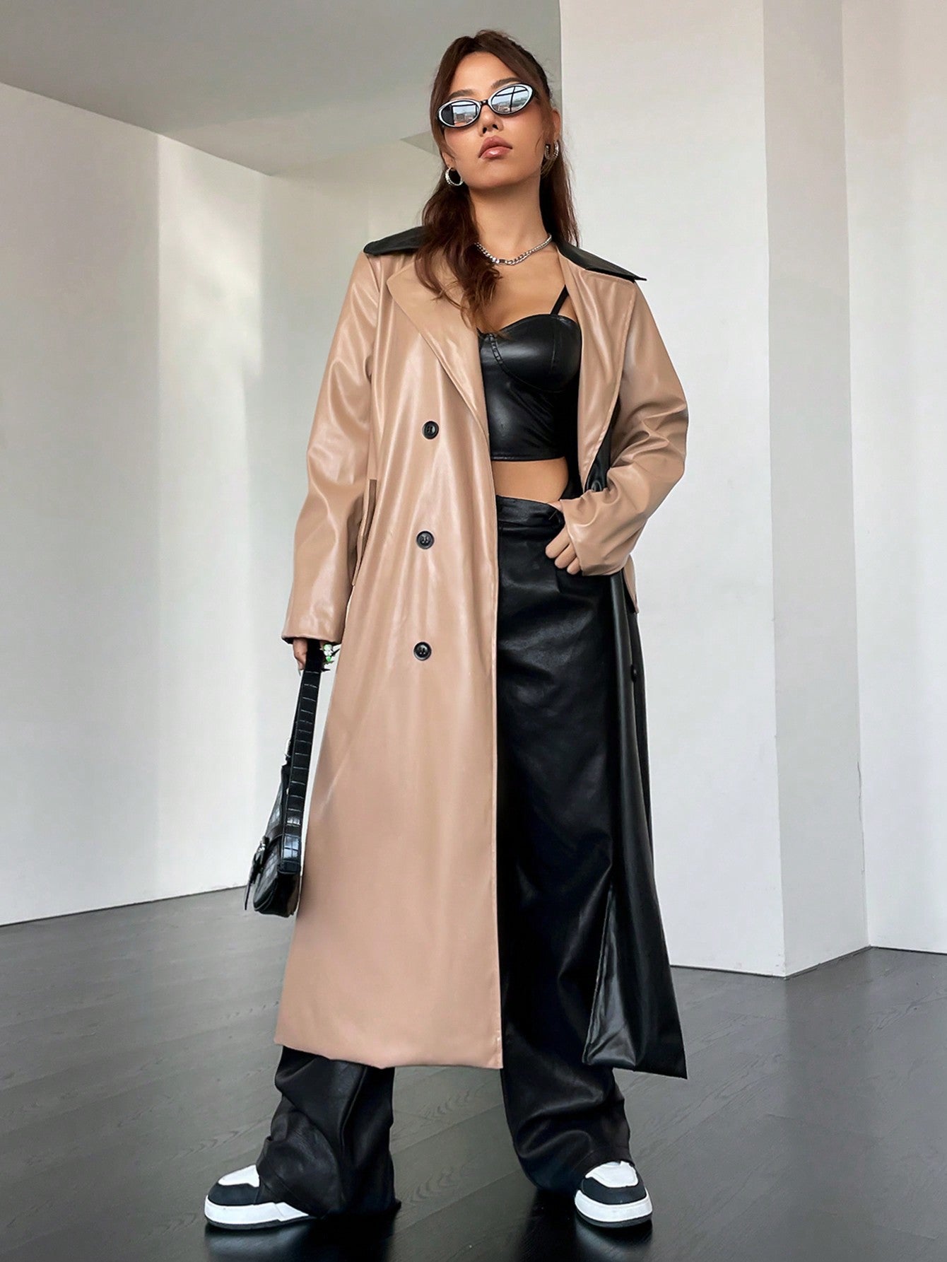 Colorblock Double Breasted PU Coat