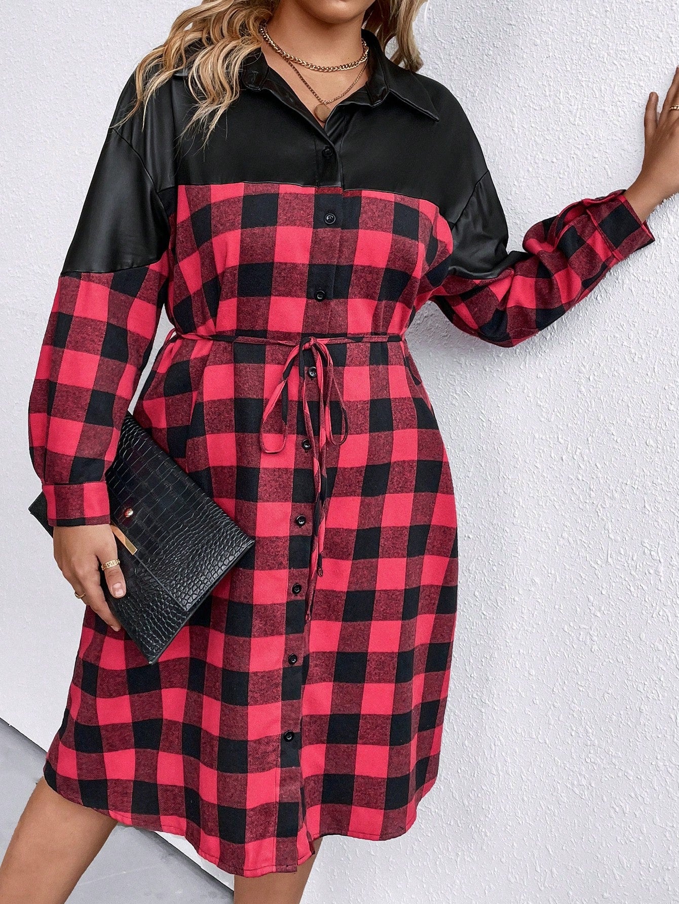 Plus Buffalo Plaid Print Belted Shirt Dress