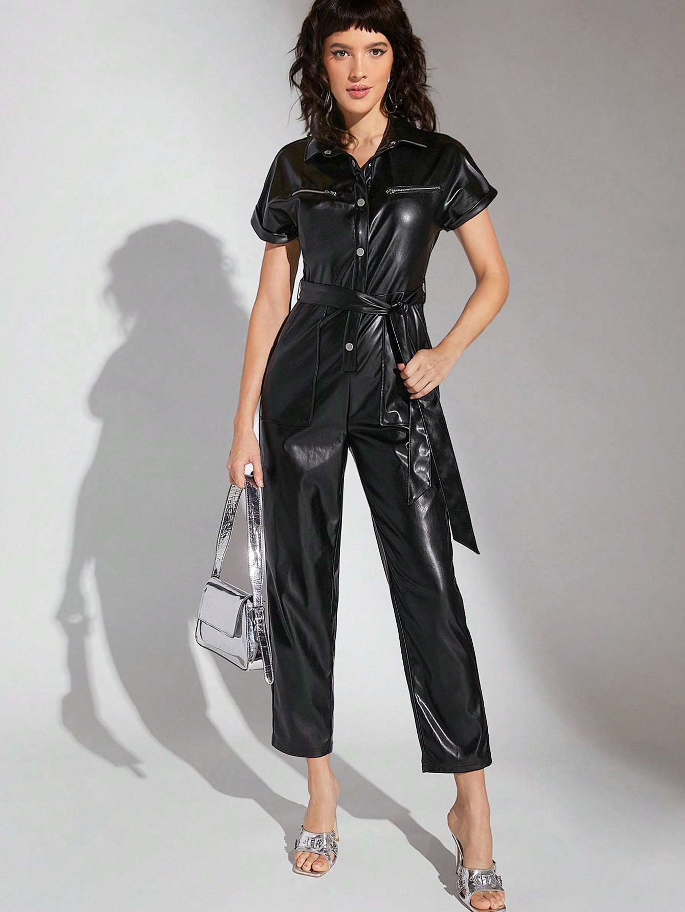 Button Up Belted PU Leather Jumpsuit