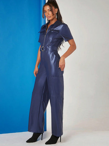 Zip Up Belted PU Leather Jumpsuit