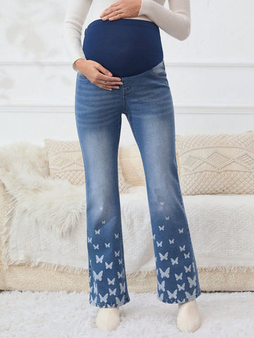 Maternity Adjustable Wideband Waist Butterfly Print Flare Leg Jeans