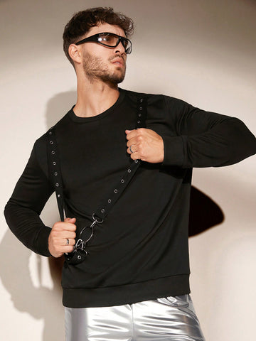 Men Solid Ring Detail Round Neck Sweatshirt