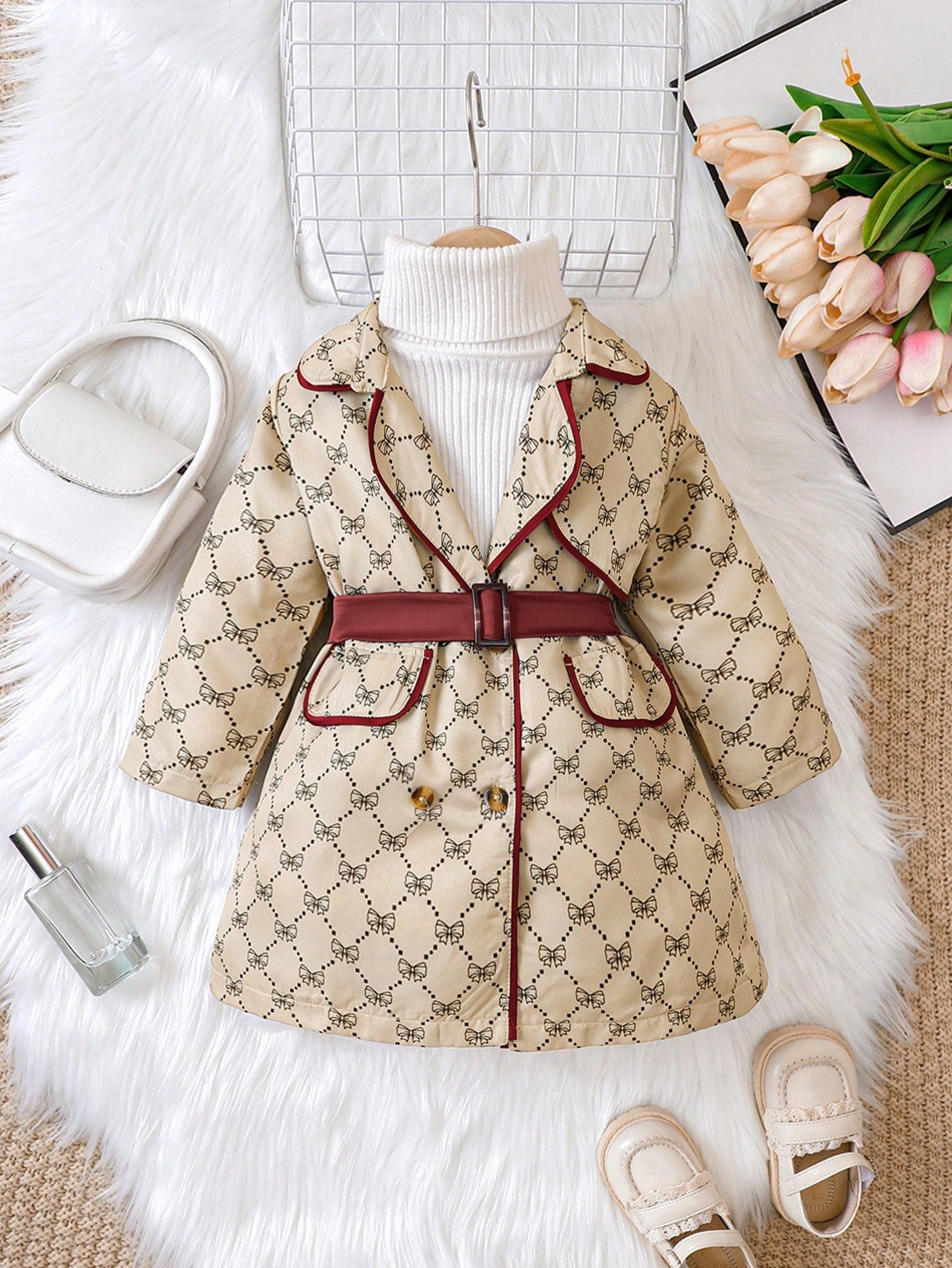 Baby Girl 1pc Allover Print Contrast Binding Double Breasted Belted Coat