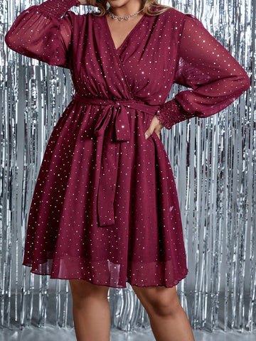 Plus Size Lantern Sleeve Belted Glitter Dress