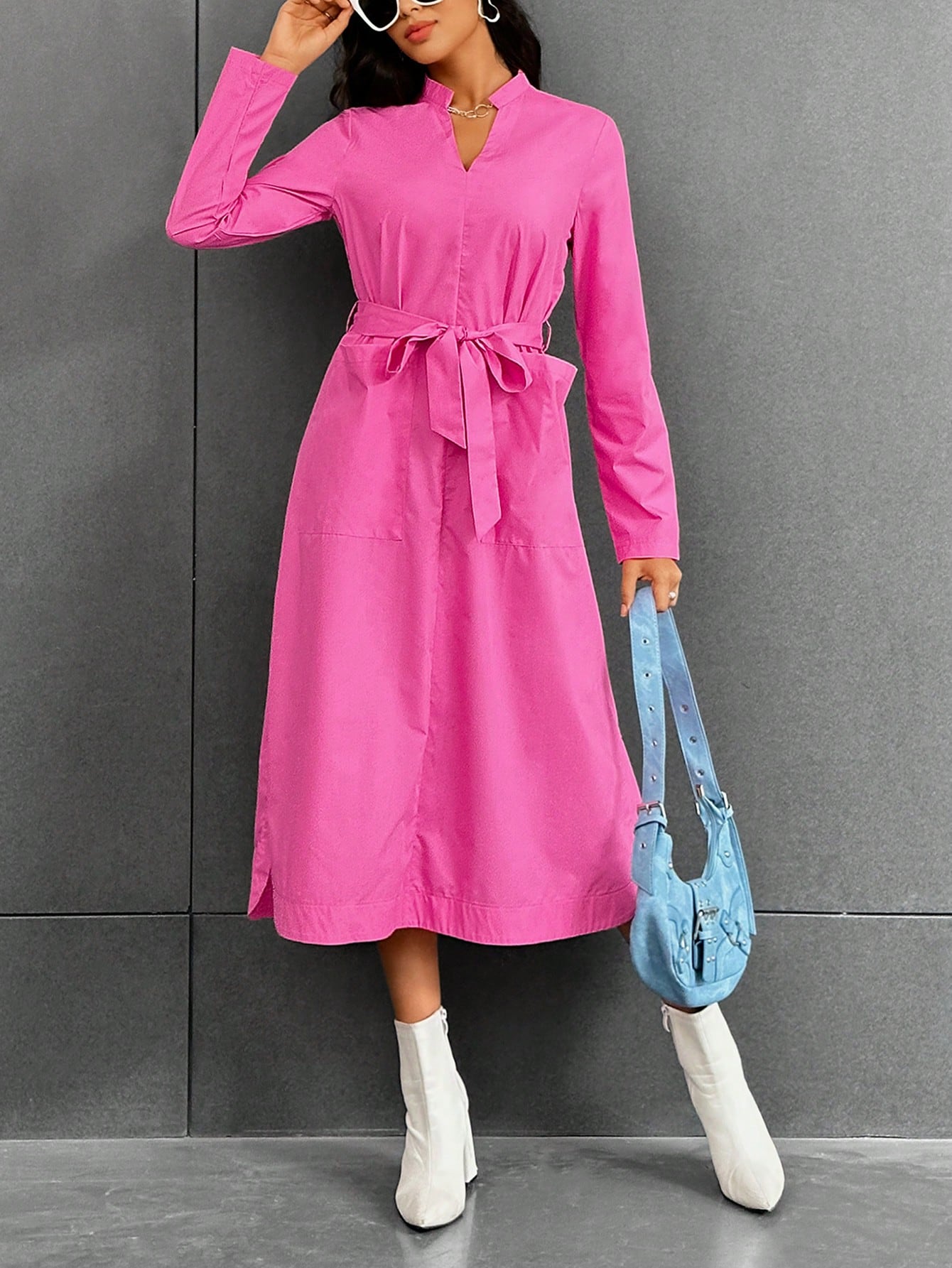 Notched Neckline Belted Shirt Dress