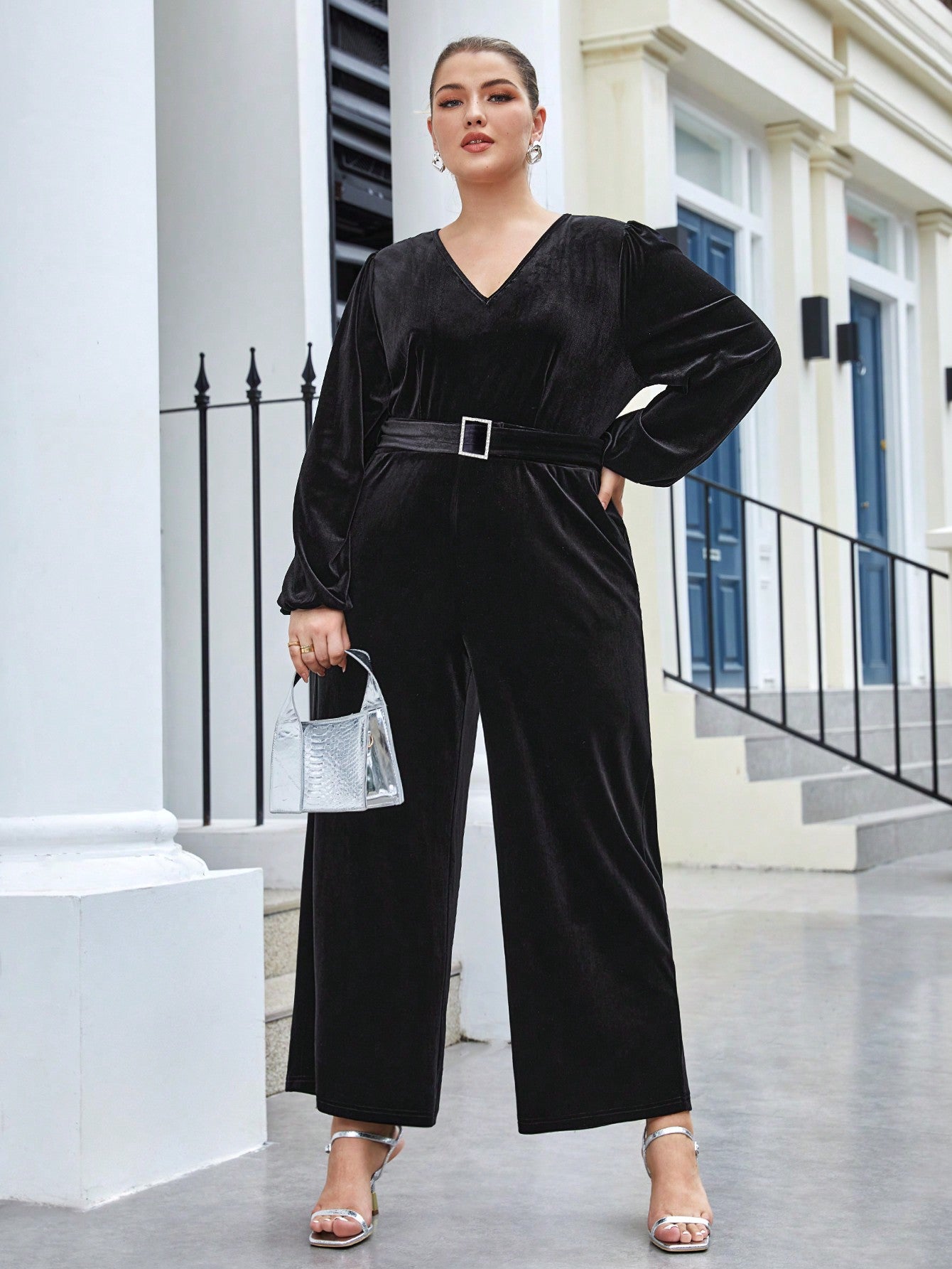 Plus V Neck Belted Wide Leg Jumpsuit