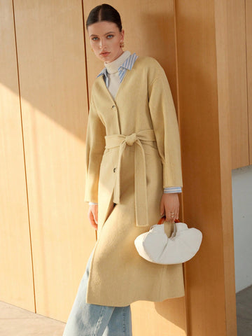 1pc Button Front Drop Shoulder Belted Overcoat