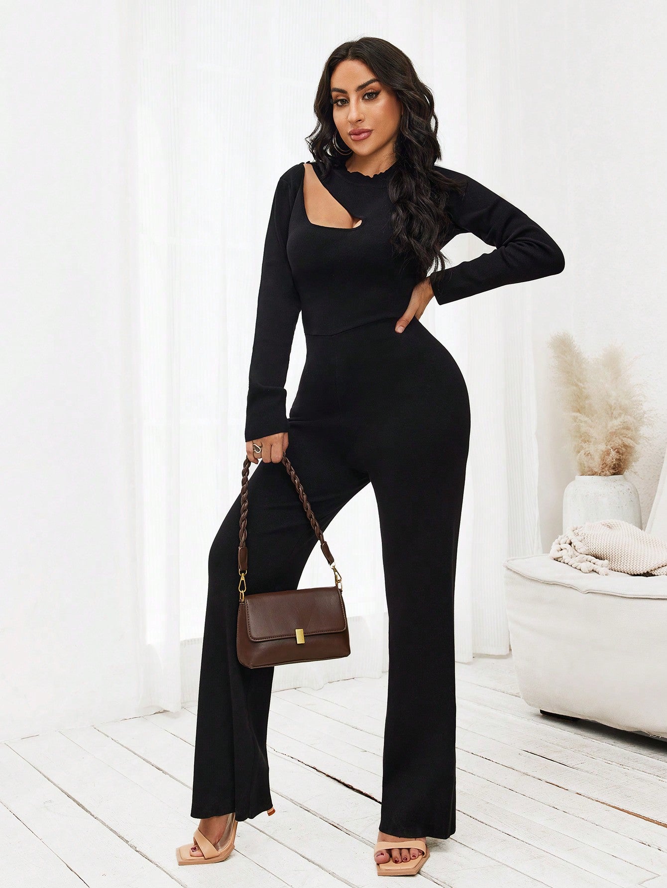 Cut Out Shoulder Flare Leg Jumpsuit