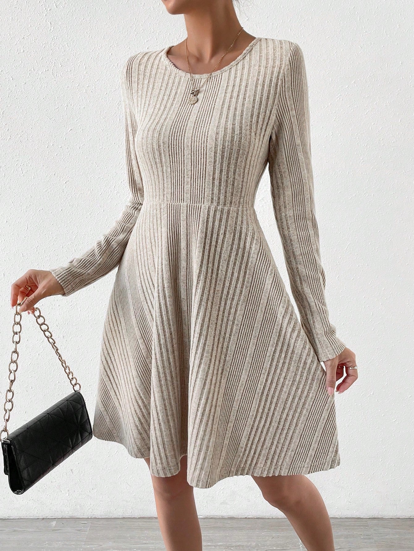 Solid Ribbed Knit A-line Dress