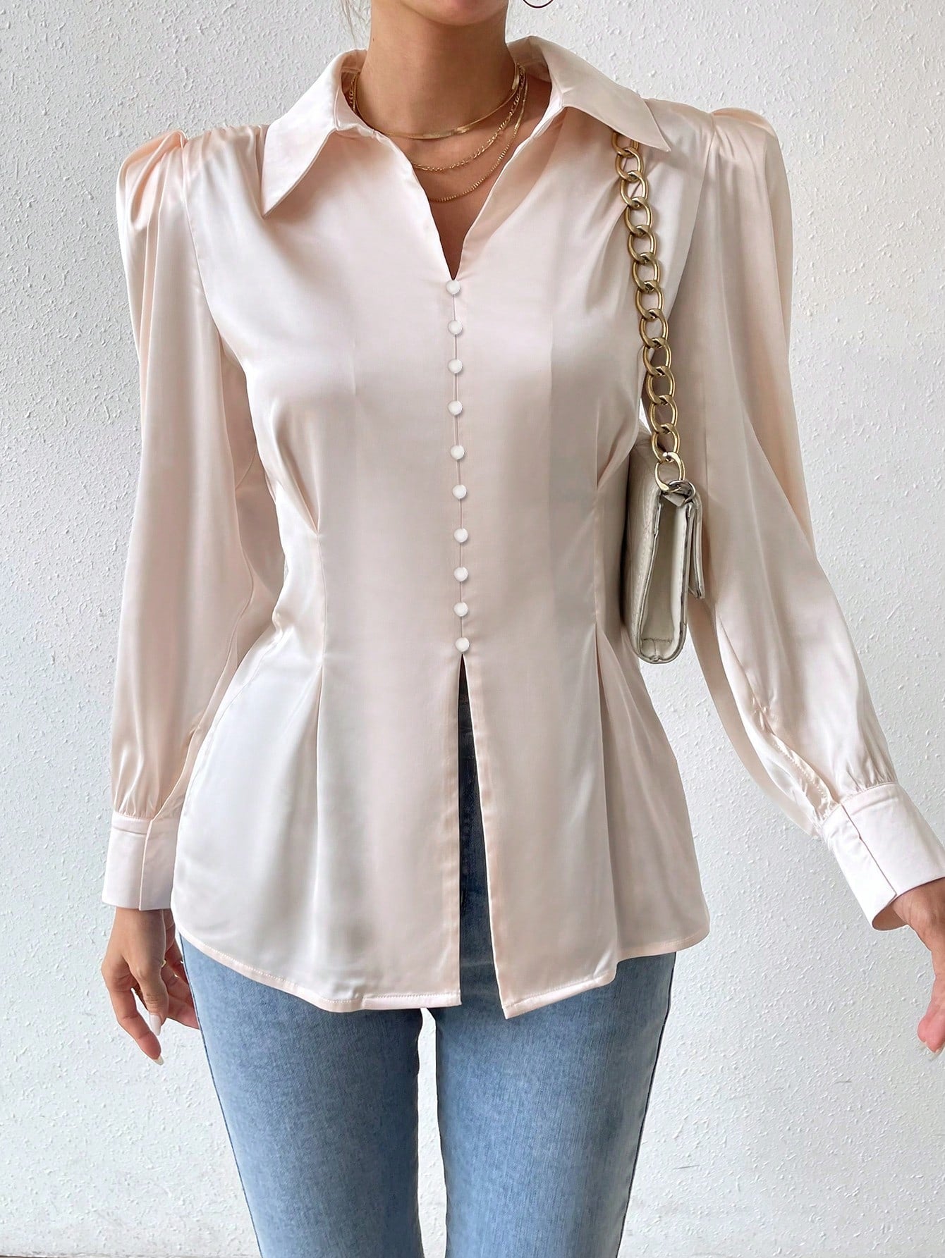 Solid Puff Sleeve Split Hem Shirt