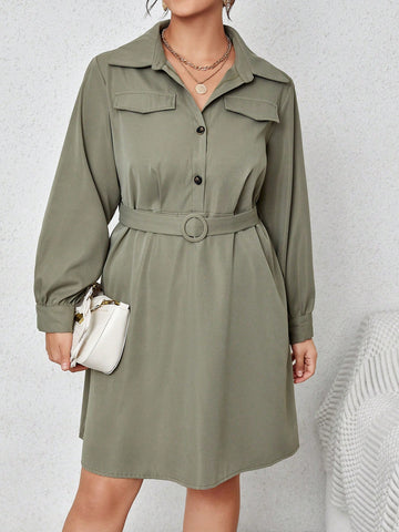 Plus Flap Detail Belted Shirt Dress