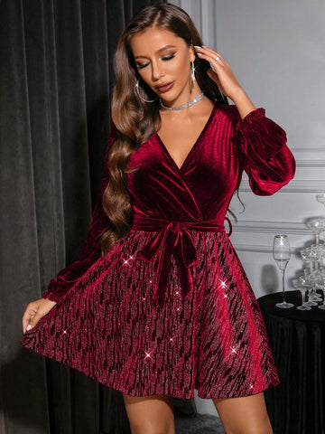 Surplice Neck Lantern Sleeve Belted Velvet Dress