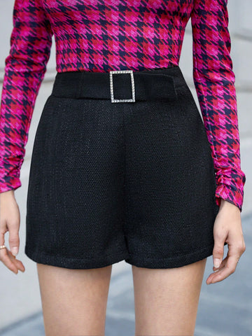 Solid Belted Tweed Shorts