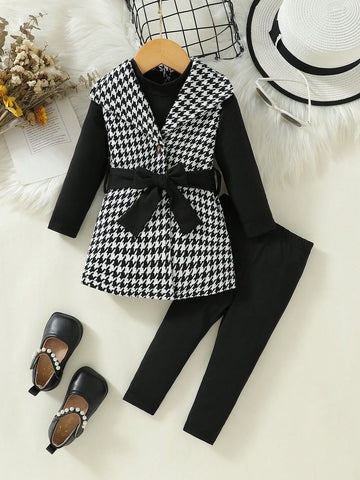 Baby Girl Houndstooth Print Belted Coat & Tee & Leggings