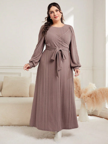 Plus Lantern Sleeve Belted Dress