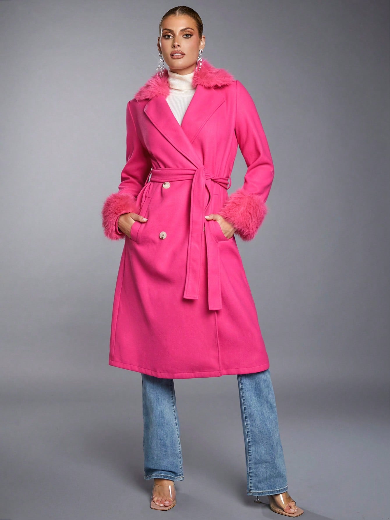 Fuzzy Collar Double Breasted Belted Overcoat