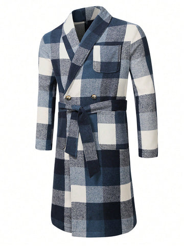 Men's Loose Fit Plaid Double Button Coat With Dual Pockets And Belt