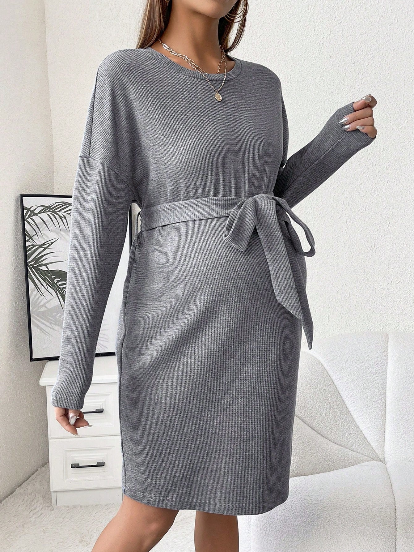 Maternity Drop Shoulder Belted Dress