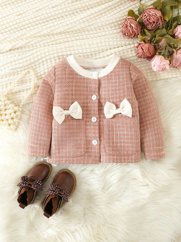 Baby Girl Bow Front Contrast Trim Tweed Overcoat