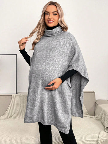 Maternity Turtleneck Cloak Sleeve Slit Hem Poncho