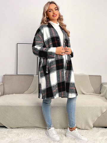 Maternity Plaid Drop Shoulder Open Front Coat