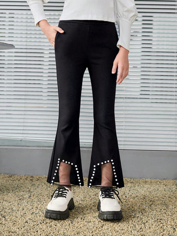 Tween Girl Pearls Beaded Contrast Mesh Flare Leg Pants