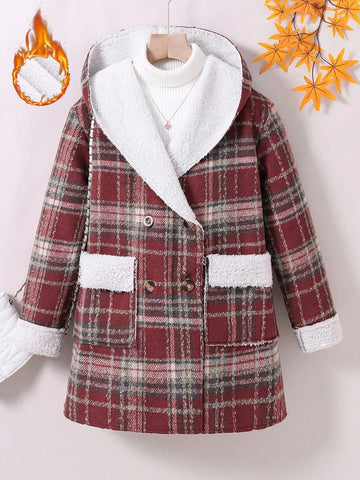 Tween Girl 1pc Plaid Dual Pocket Double Breasted Teddy Lined Hooded Coat