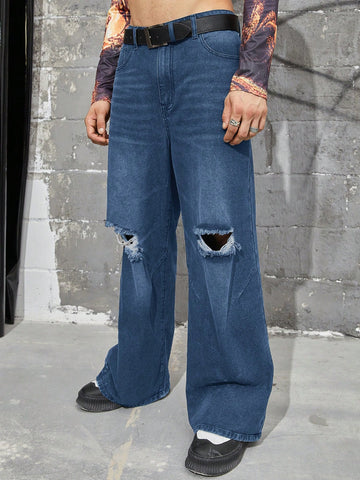 Loose Men's Ripped Wide Leg Jeans Without Belt