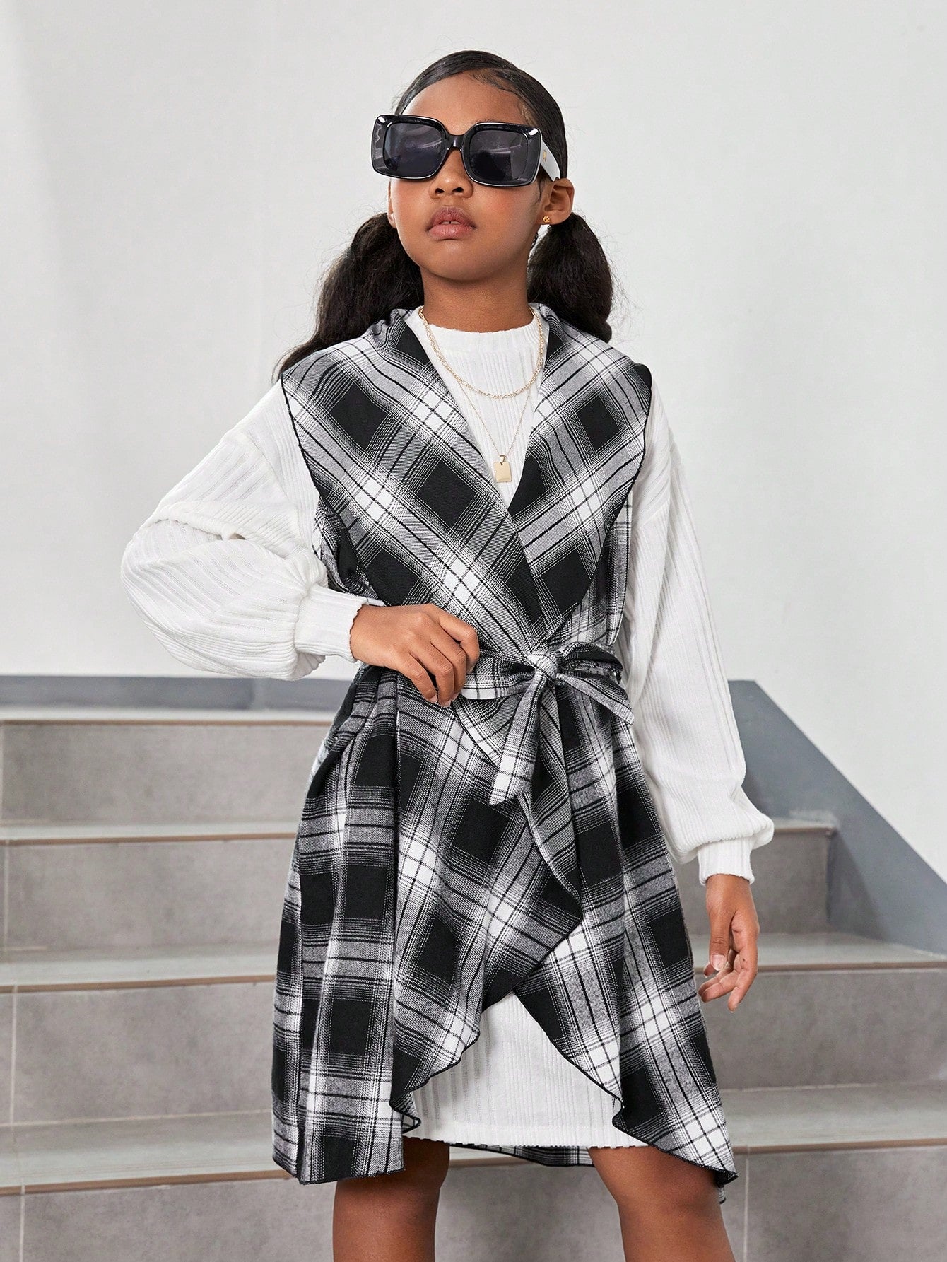 Big Girls' Knitted Solid Color Half High Collar Long Sweater Dress With Plaid Long Sleeve Cardigan