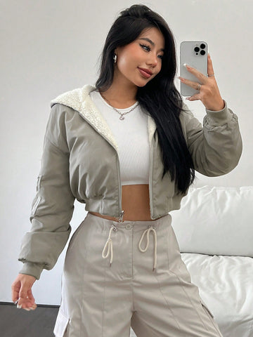 Teddy Lined Zip Up Crop Hooded Jacket