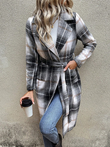 Plaid Print Lapel Neck Belted Overcoat