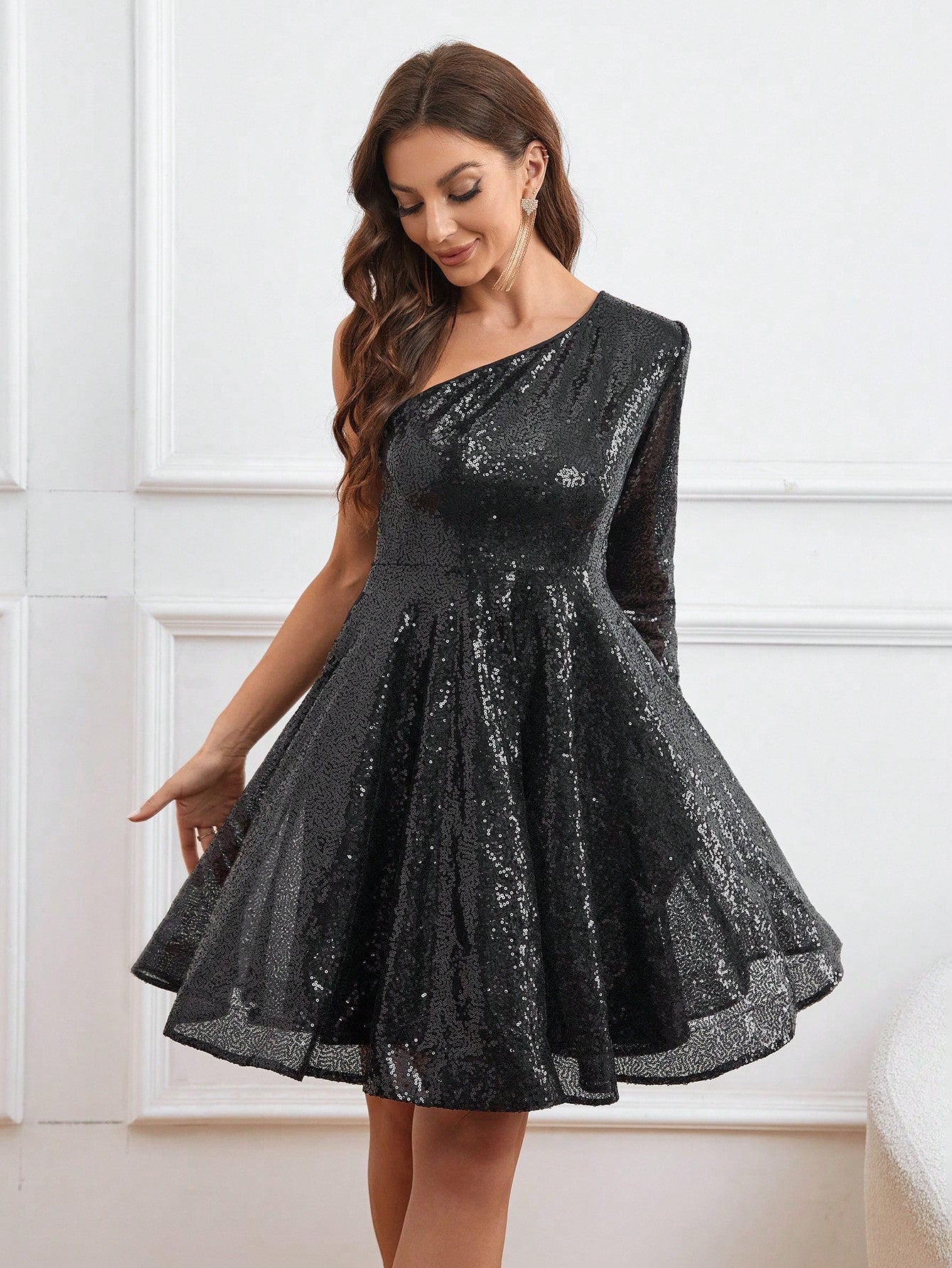 One Shoulder Sequin Decor Dress