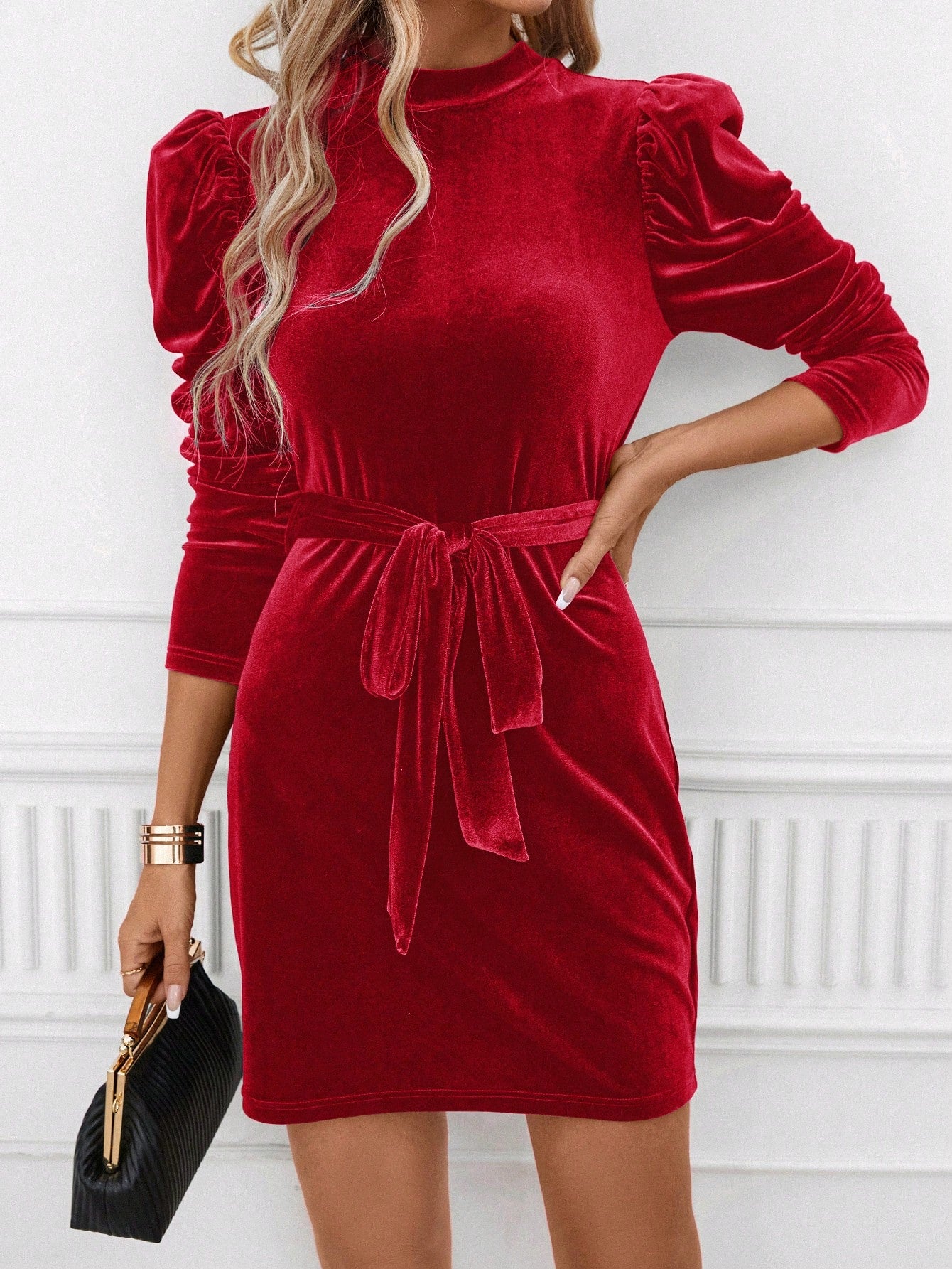 Mock Neck Gigot Sleeve Belted Fitted Dress