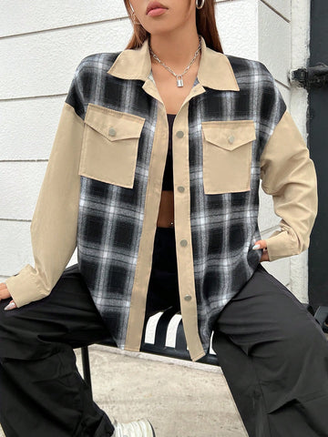 Plaid Print Drop Shoulder Flap Pocket Shirt