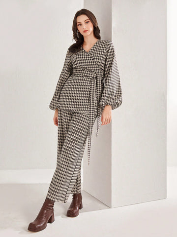 Houndstooth Print Lantern Sleeve Belted Top & Wide Leg Pants