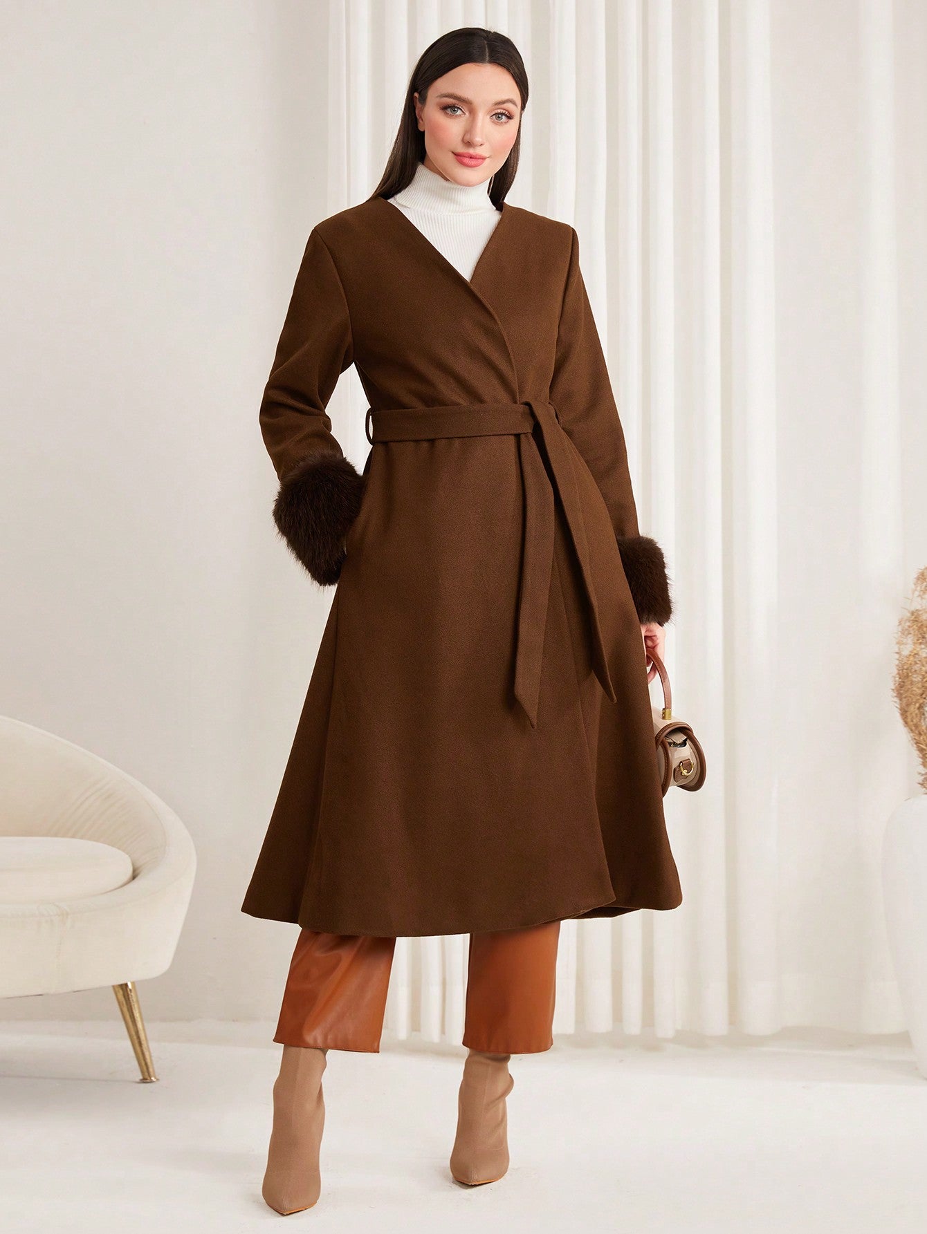 Ladies' Belted Woolen Coat With V-neck Design