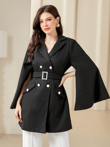 Women's Woolen Coat With Cape Sleeves, Lapel Collar, Double Breasted Buttons And A Waist Belt