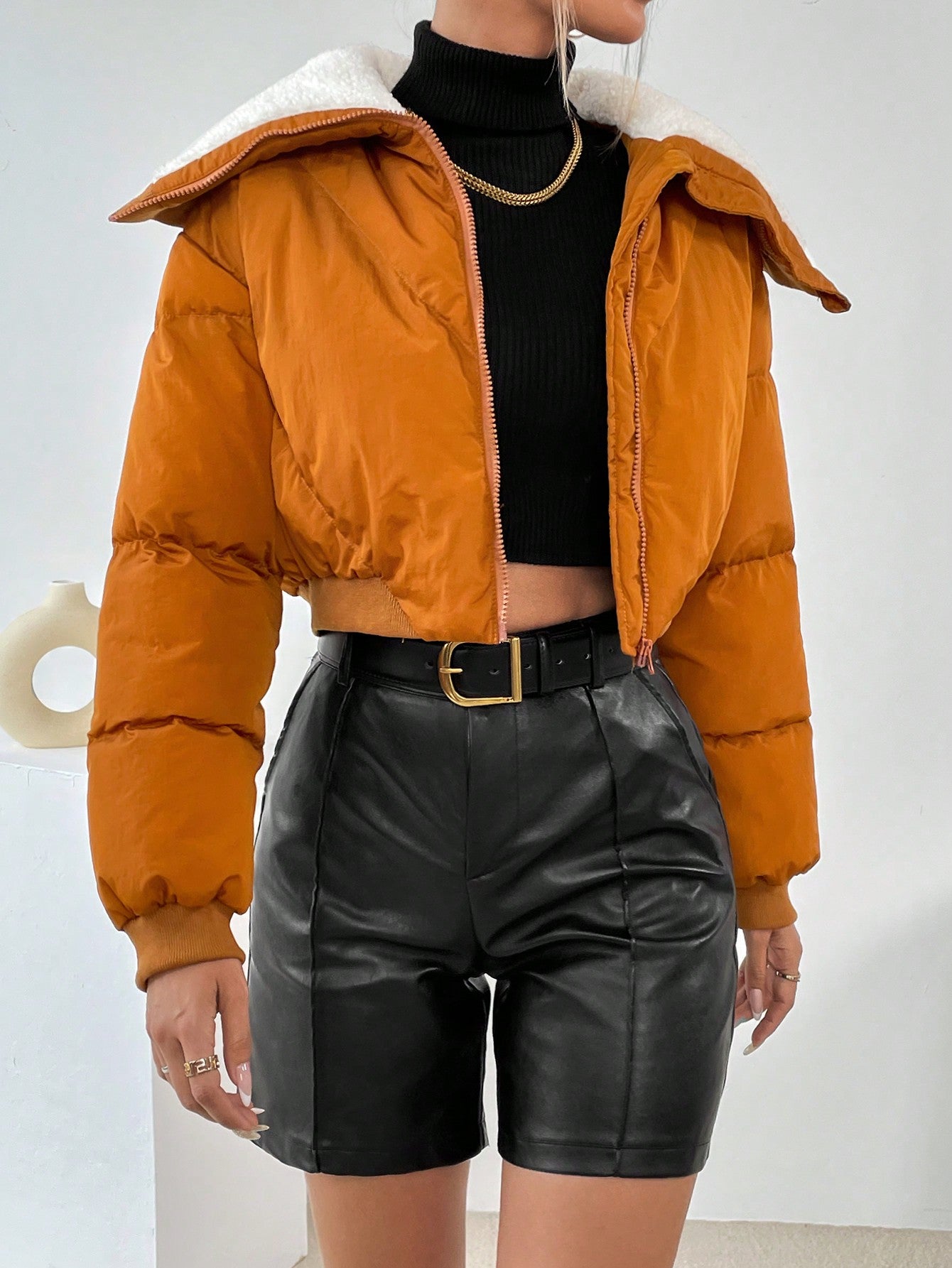 Borg Collar Zip Up Crop Puffer Coat