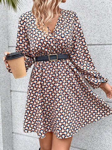 Allover Print Lantern Sleeve Dress