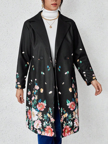 Plus Floral Print Lapel Neck Double Button Belted Overcoat Thermal