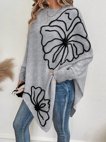 Floral Pattern Batwing Sleeve Asymmetrical Hem Sweater