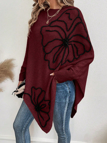 Floral Pattern Batwing Sleeve Asymmetrical Hem Poncho Sweater