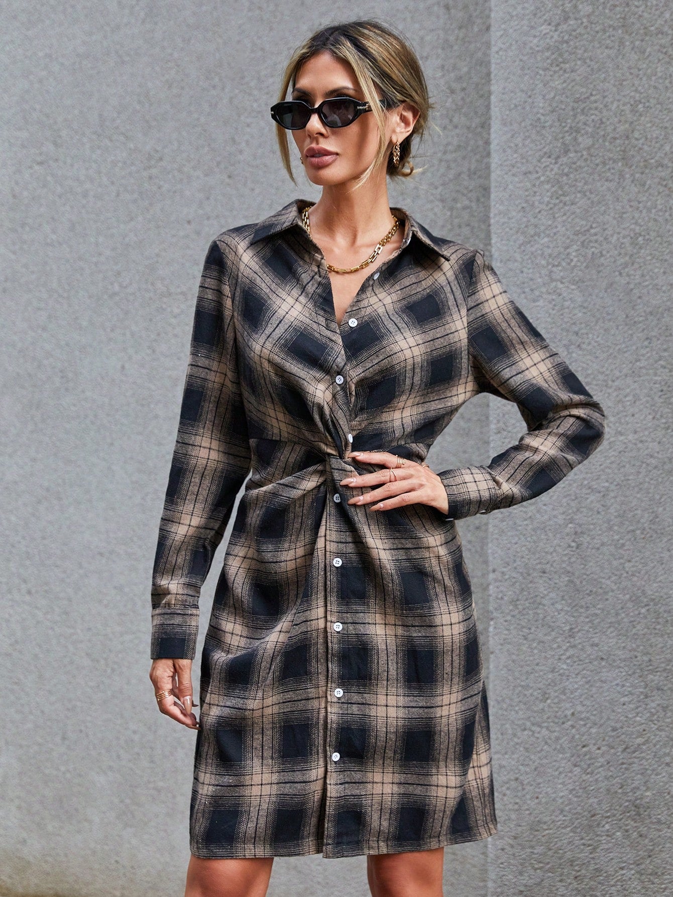 Plaid Twist Front Shirt Dress