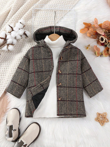 Baby Boy 1pc Herringbone Hooded Tweed Overcoat