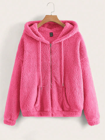 Drop Shoulder Drawstring Hooded Fleece Jacket