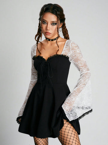 Contrast Lace Flare Sleeve Lace Up Front Dress