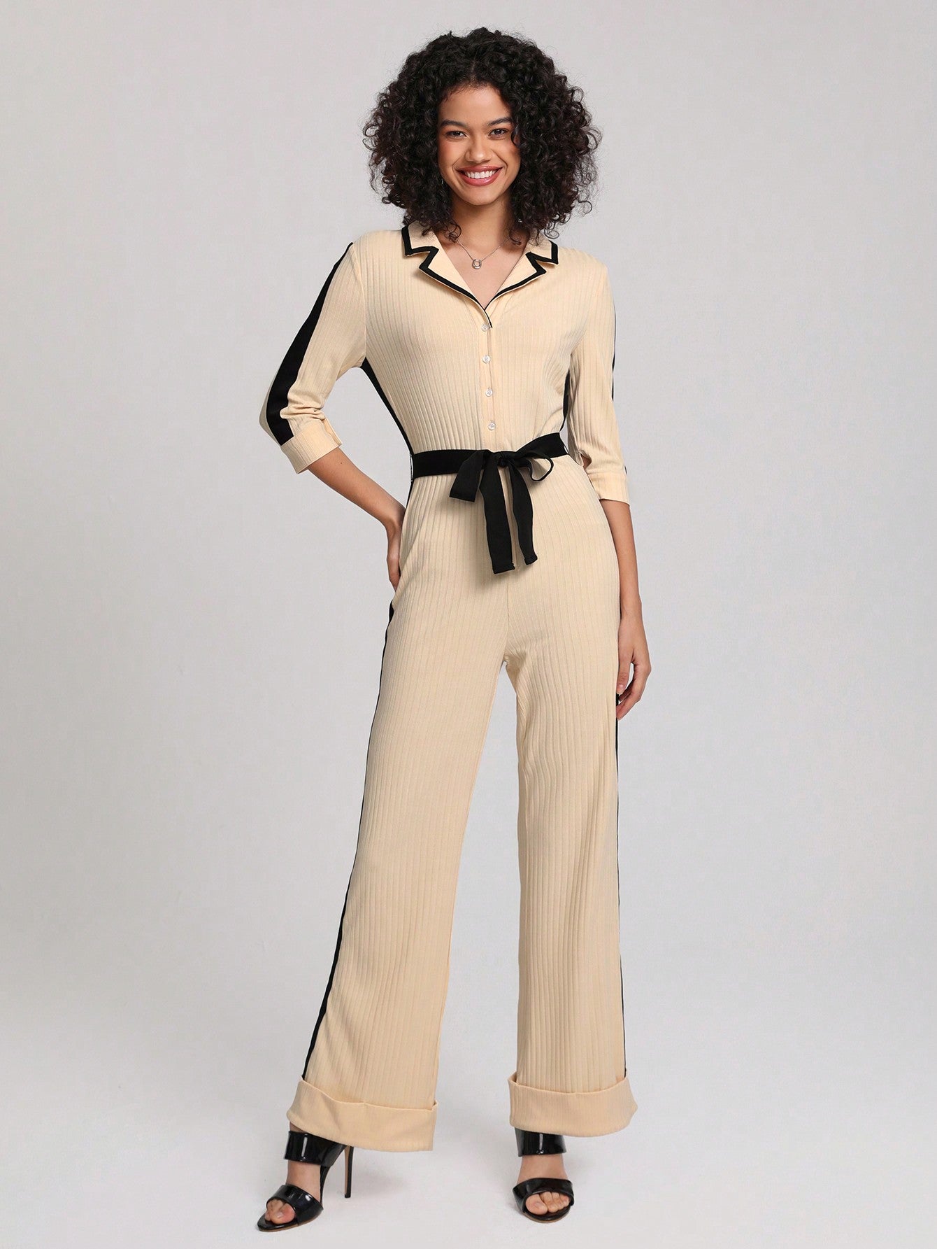 Contrast Side Seam Belted Shirt Jumpsuit